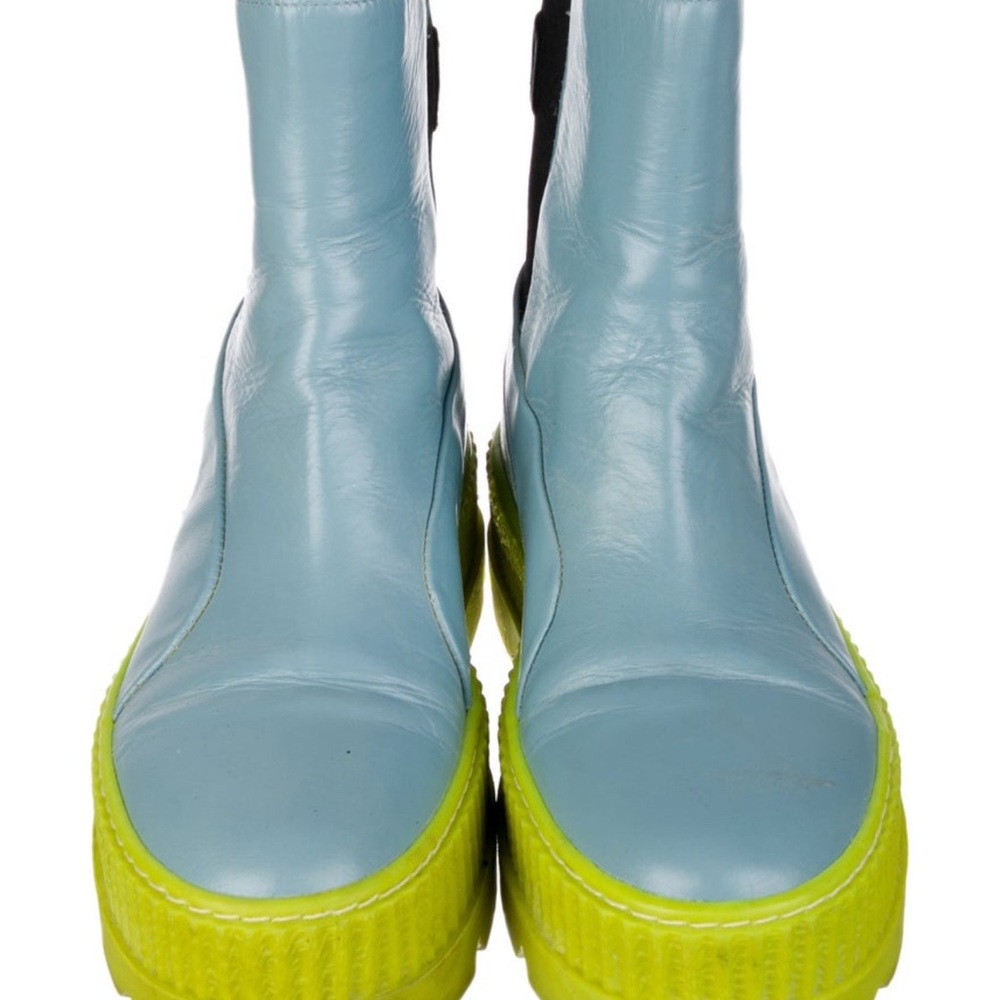 Women's Blue Leather Heeled Boots with Lime Platform